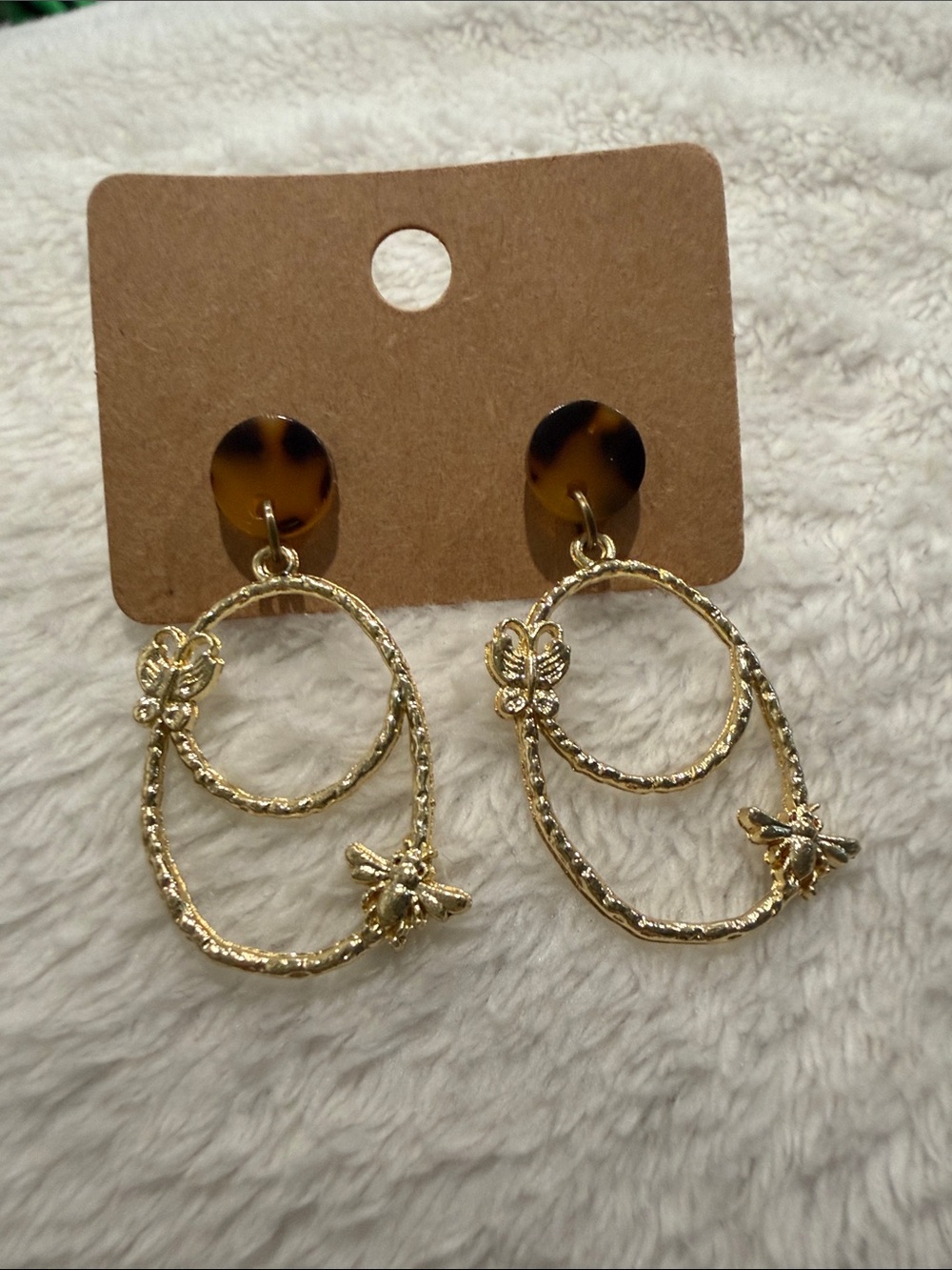 Gold Double-Hoop Floral Drop Earrings with Tortoiseshell Studs - Women Jewelry